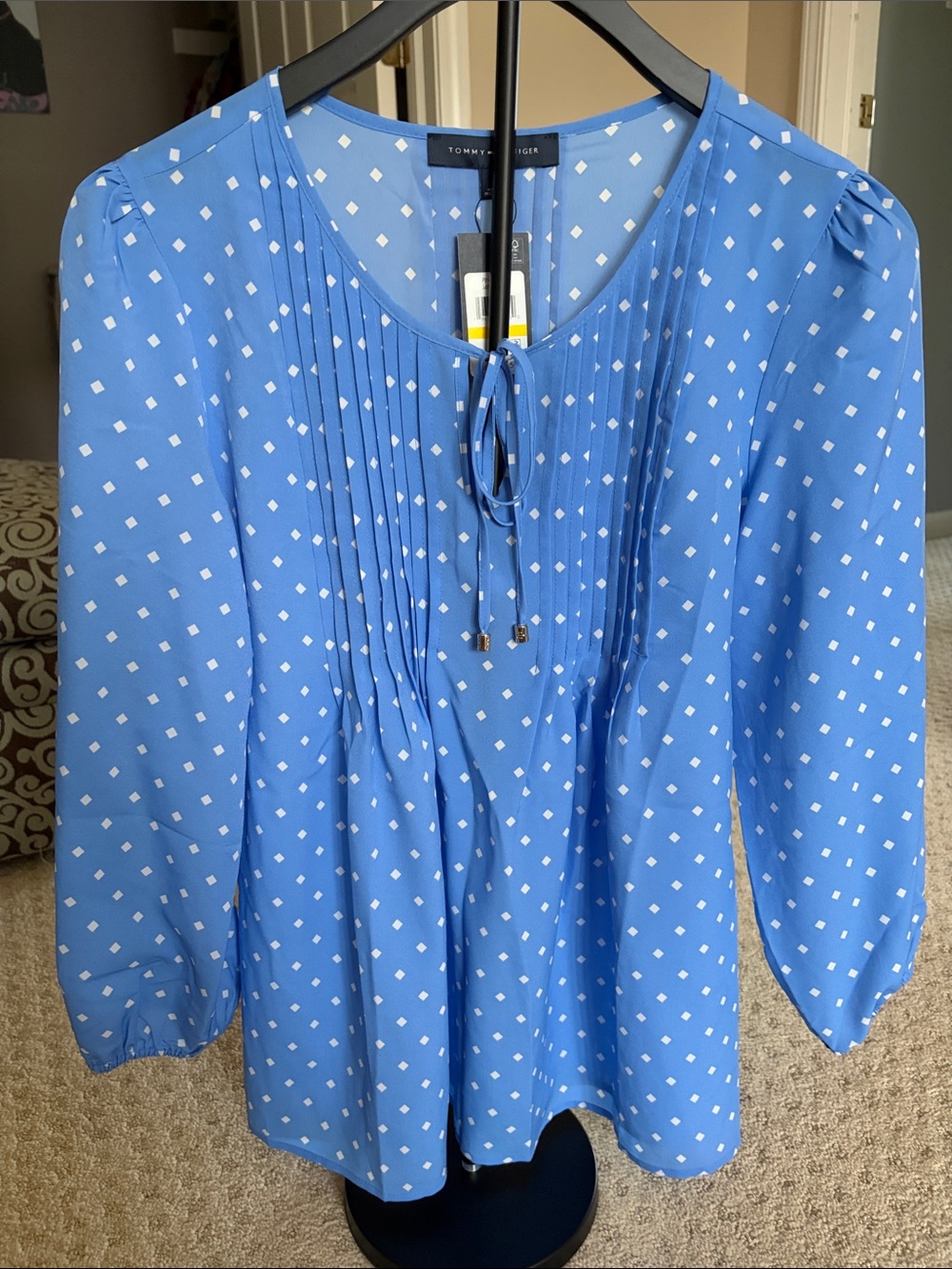 Tommy Hilfiger Blue Diamond-Print Long Sleeve Blouse